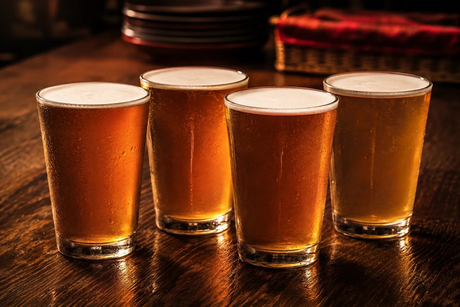 木のカウンターに並んだ4種のクラフトビール
